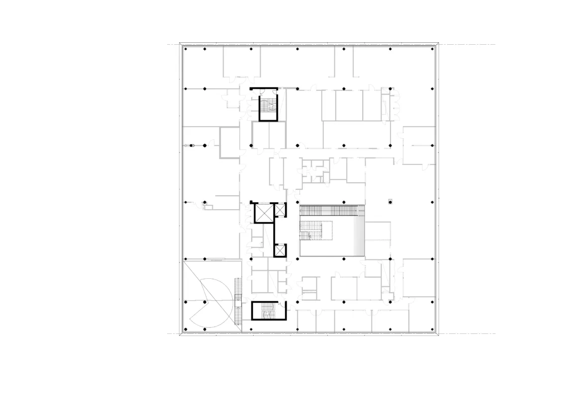 Architectural floor plan layout showcasing room divisions, staircases, and structural elements for a comprehensive design overview.
