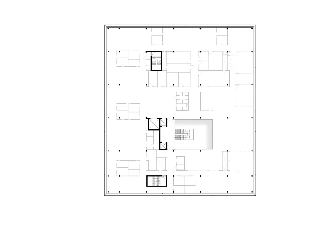 Architectural floor plan illustration showing layout of rooms, doors, and windows in a modern building design, highlighting spatial relationships and interior organization.