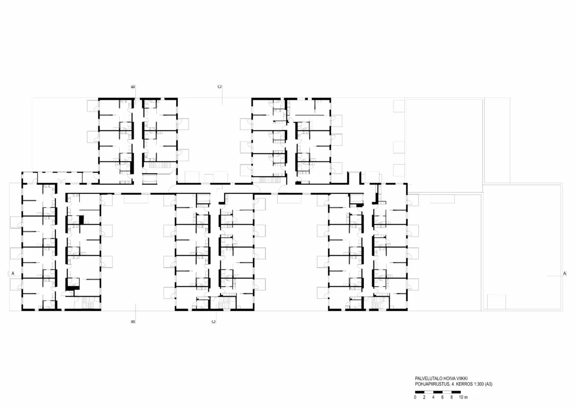 Architectural floor plan of a multi-unit residential building, featuring labeled rooms, staircases, and layout details for efficient space utilization. The design emphasizes accessibility and community areas, ideal for modern living.