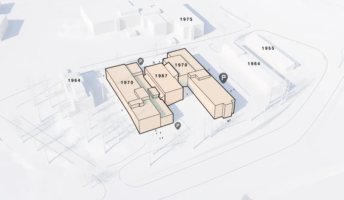 3D architectural layout of a multi-building complex showcasing construction years from 1955 to 1987, with labeled structures and parking areas, set in a snowy landscape.