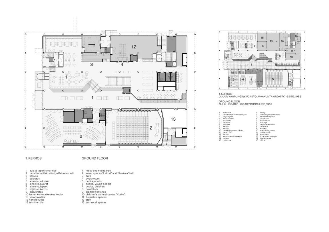Ground floor plan of Oulu City Library, designed in 1982, featuring labeled areas such as lobby, event spaces, book sections for adults and children, digital workshop, and technical spaces. Includes a detailed layout with numbered rooms and descriptions for each space.